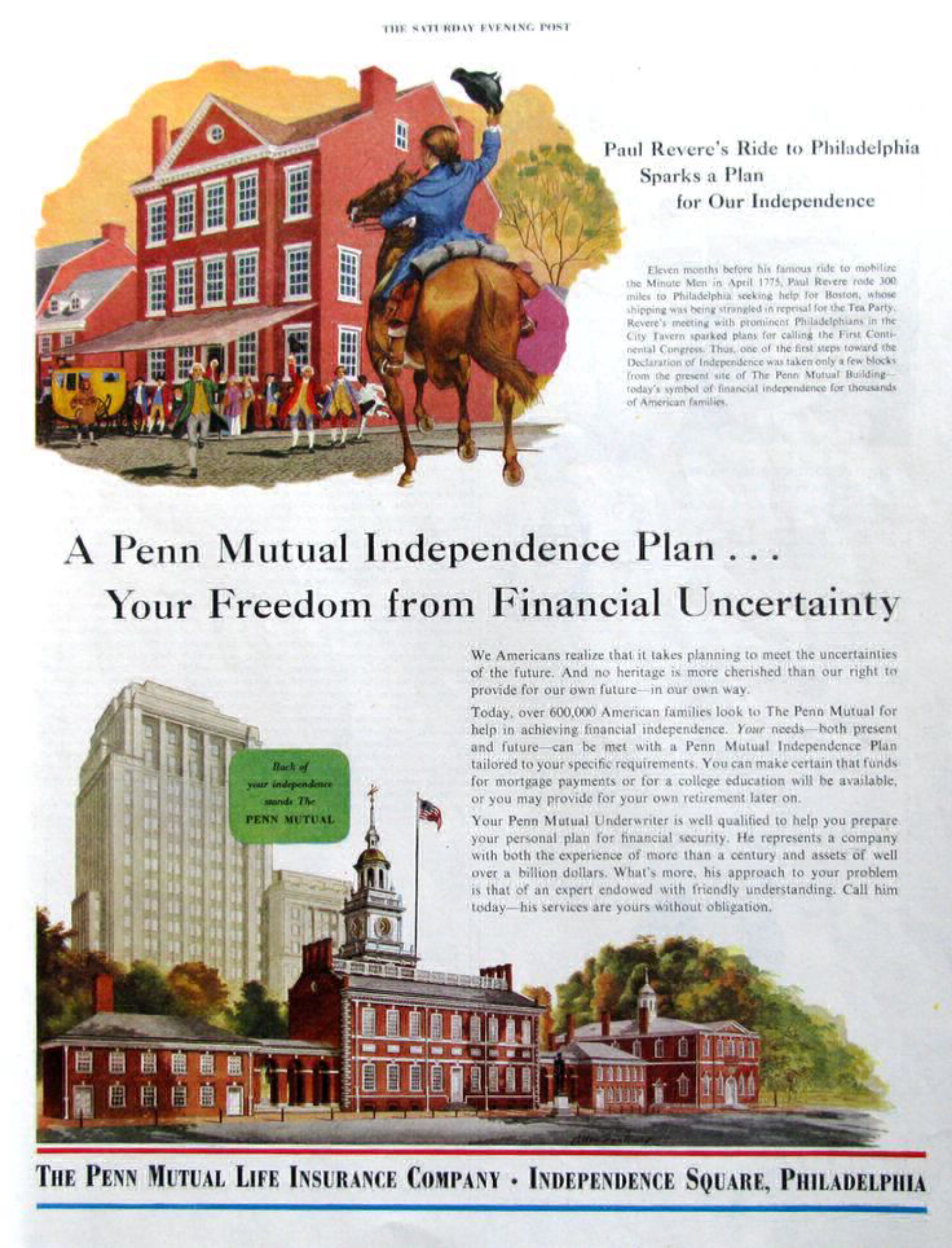 Ad for penn mutual showing the building before the 1970s addition