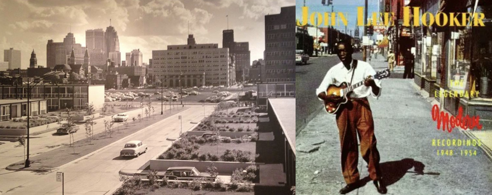  Aerial View of Detroit showing Lafayette Park and the Detroit Skyline, circa 1960s; John Lee Hooker in front of Joe's Record Shop on Hasting Street, Detroit,1959